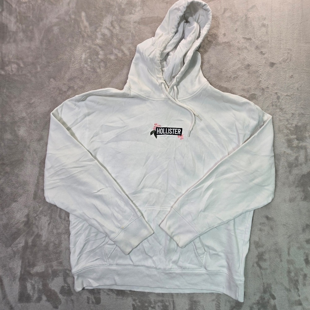 Hollister California Mens XL White Floral Embroidered Logo Hoodie Sweatshirt